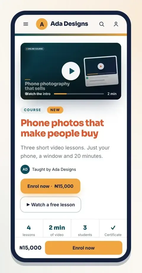 A Klaasi product page on a phone: a clear price and a button to buy