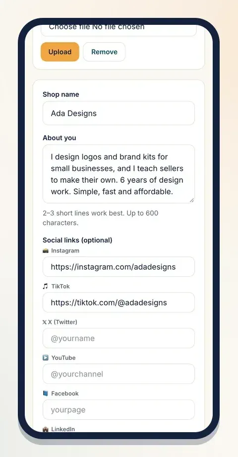 On your Klaasi shop profile, add a short bio and your Instagram and TikTok links