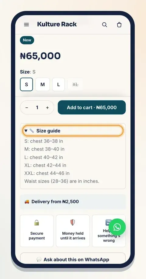 Your customer picks a size, checks the size guide and adds the item to the cart