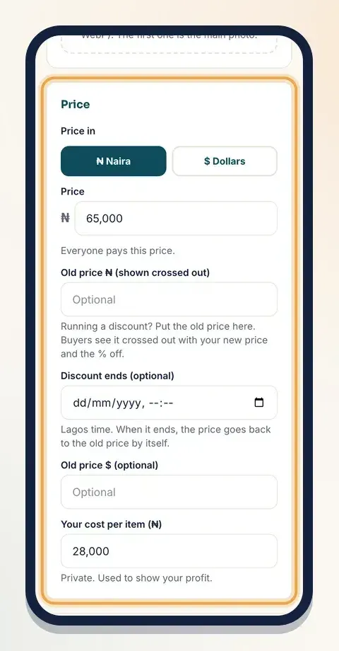 Pick naira or dollars, type one price, and add an old price to show a discount