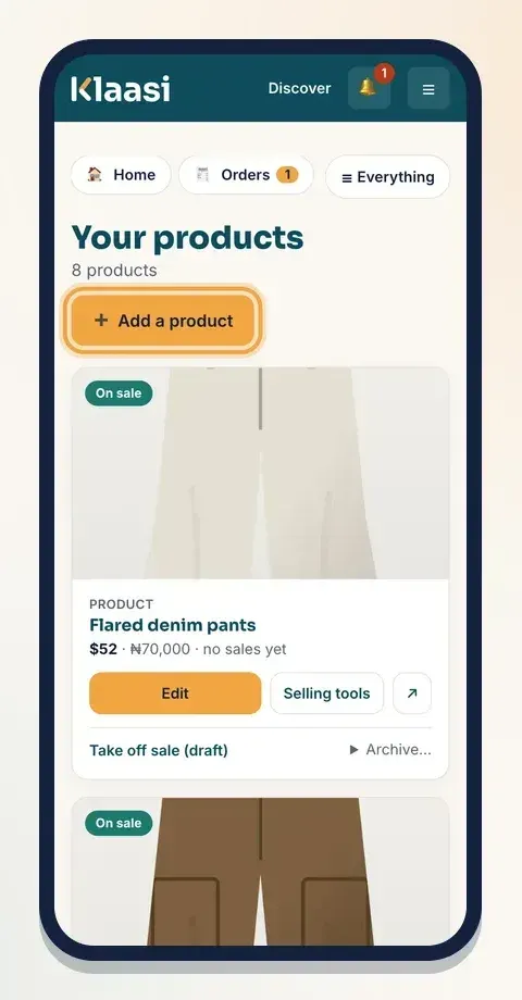 Tap Add a product on the Products page to start a new item