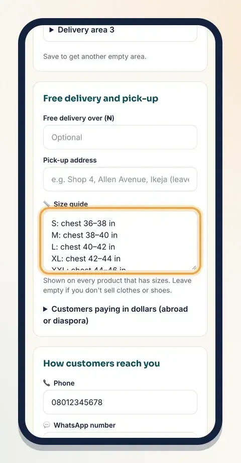 Write your size guide once and it shows on every product with sizes