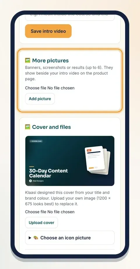Add up to 6 screenshots in "More pictures" so buyers see the template before buying