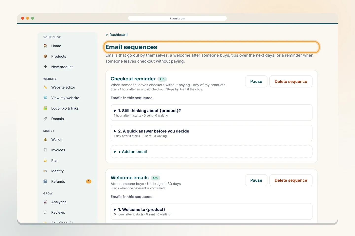 Your Email sequences page: every sequence, whether it's on, and how many emails were sent