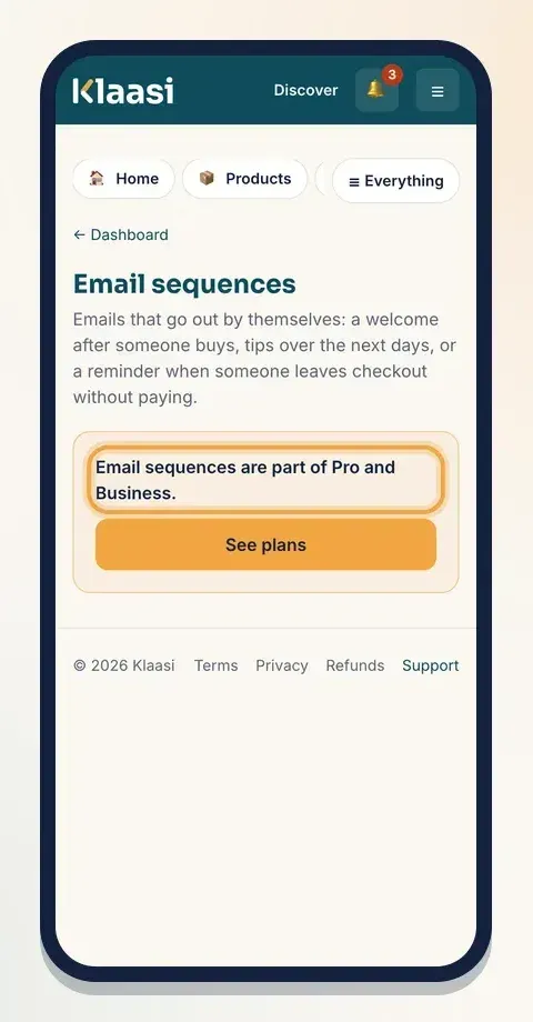 On the Free plan, the Emails page shows a See plans button