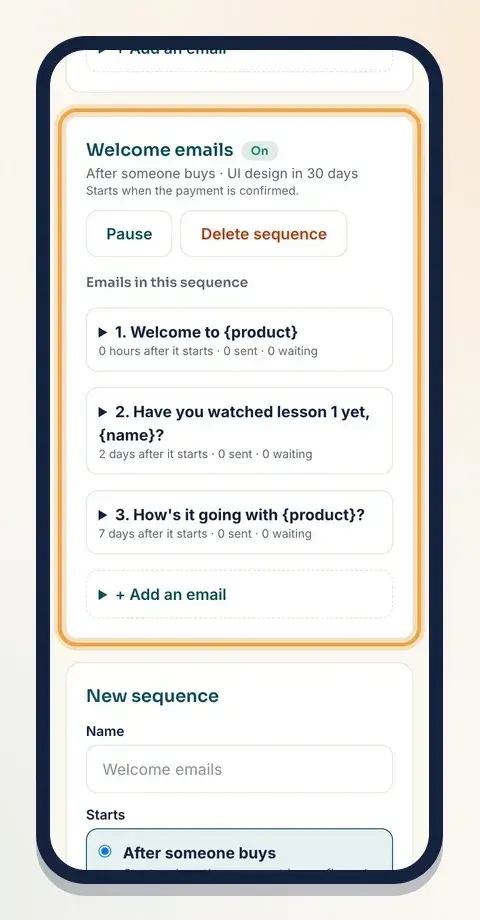 Each email shows how many were sent and how many are waiting
