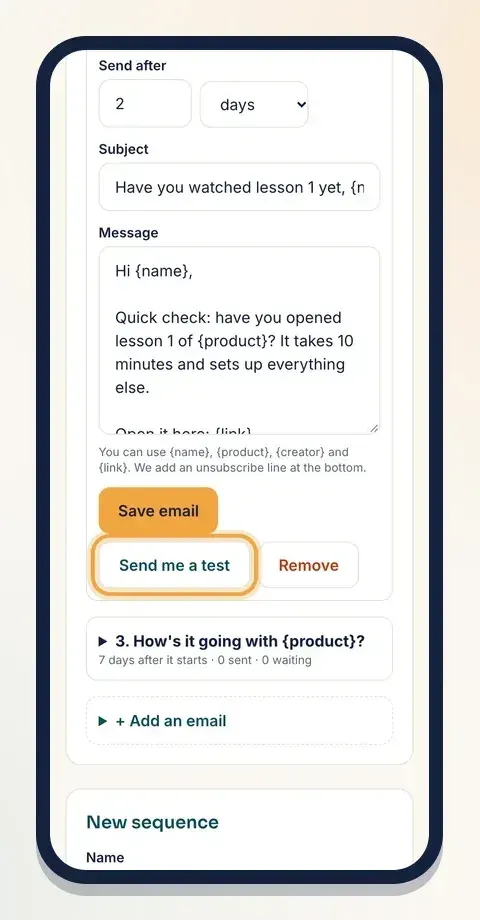 Tap Send me a test to see the email in your own inbox first