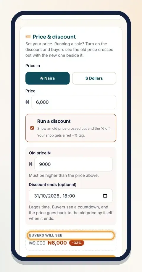 Tick "Run a discount", add the old price and an end time, and check "Buyers will see"