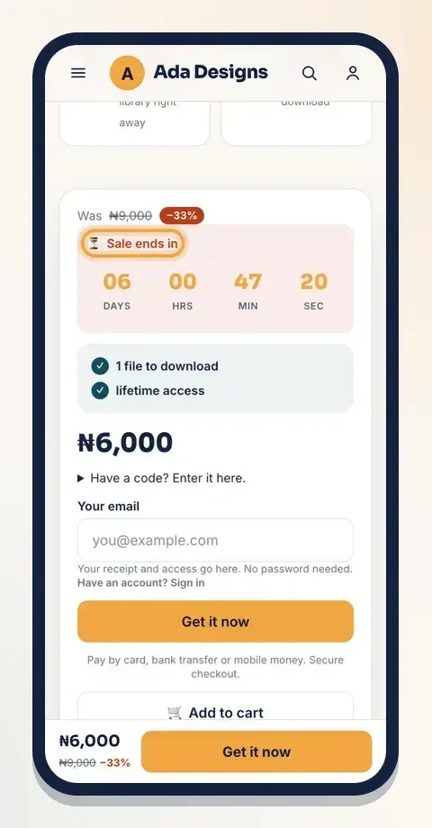 On the product page: old price crossed out, % off and a countdown