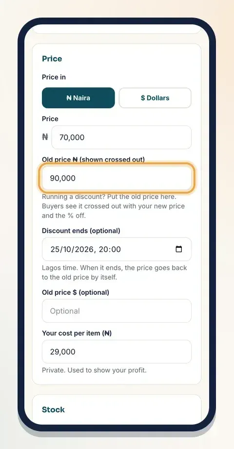 Shop items: price, old price and discount end time in the product form