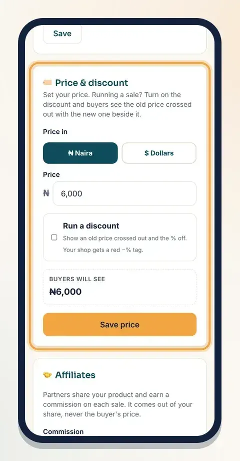 The Price & discount box on Selling tools