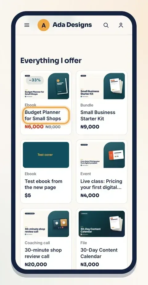 In your shop, discounted products get a red −% tag