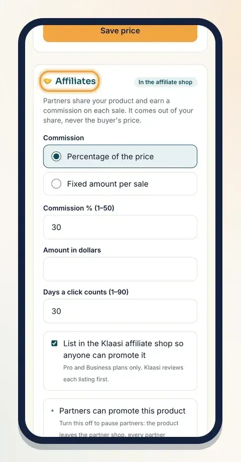 The Affiliates box on your product's Selling tools page