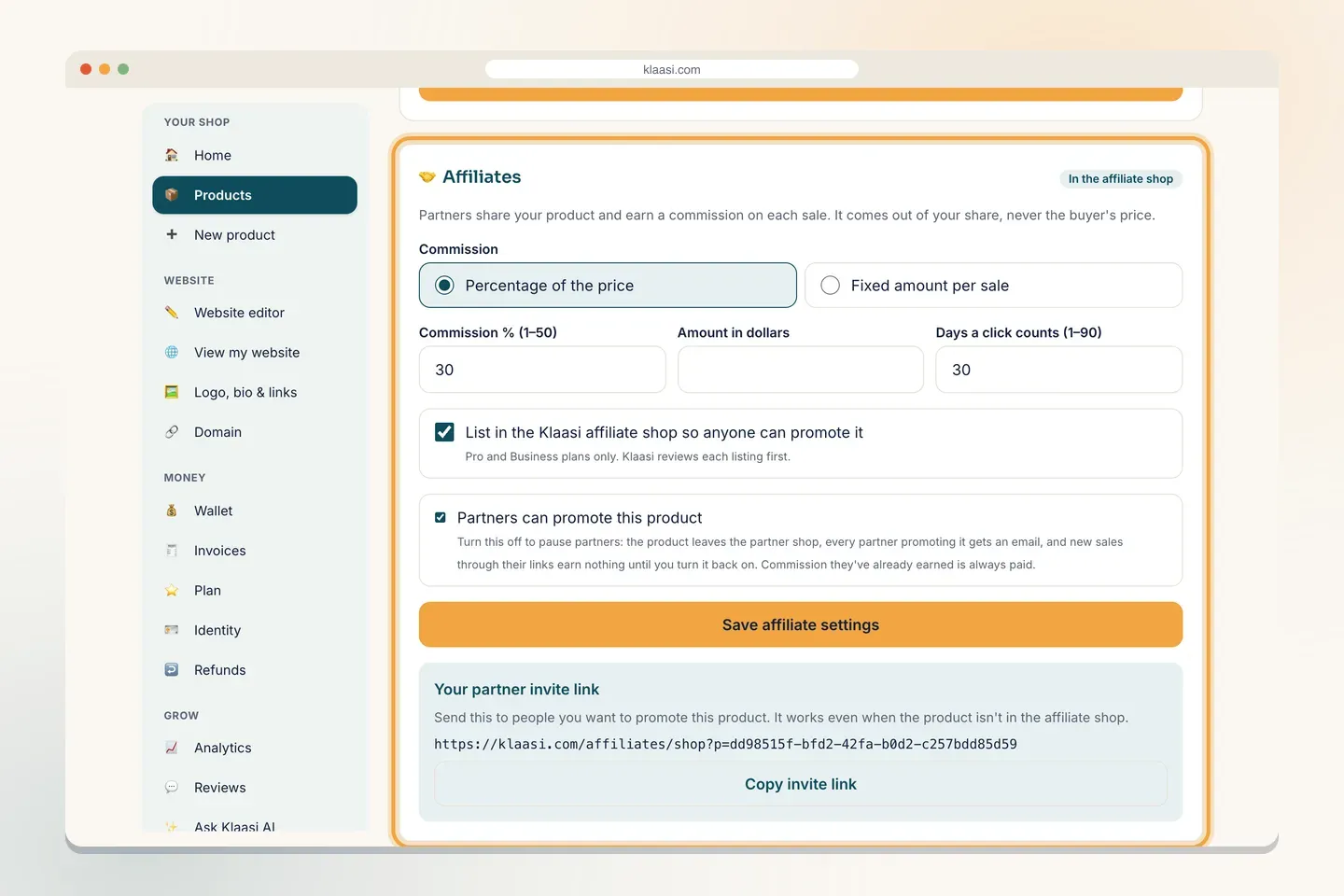 The whole Affiliates box: commission, click days, shop listing, the on/off switch and your invite link