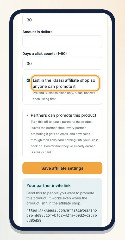 Tick the affiliate shop box, keep partners switched on, then save