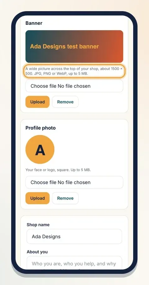 The Banner box: choose a wide picture, then tap Upload