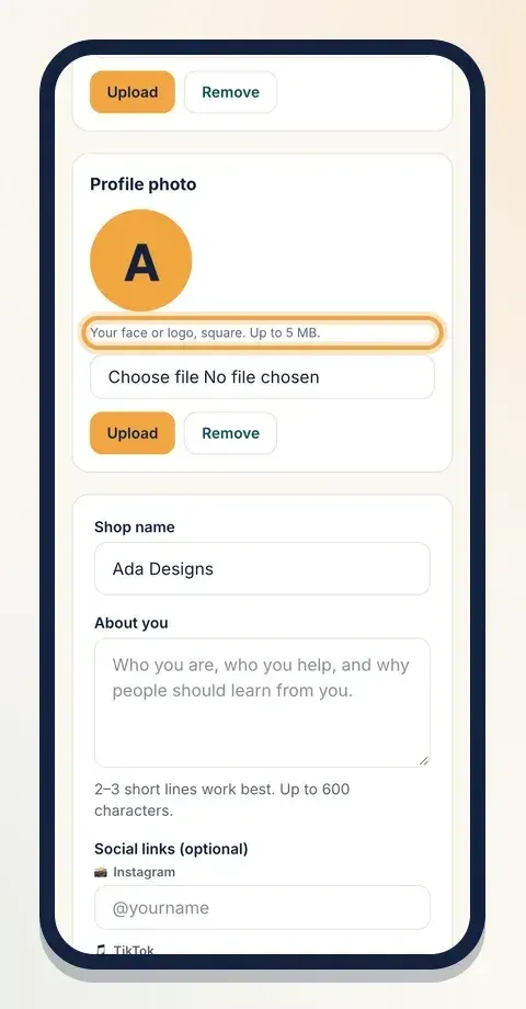 Your profile photo shows in a circle. Tap Upload after choosing a square picture