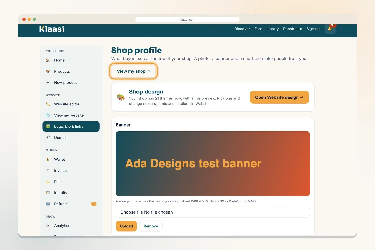 Open Logo, bio & links in the menu to reach your Shop profile