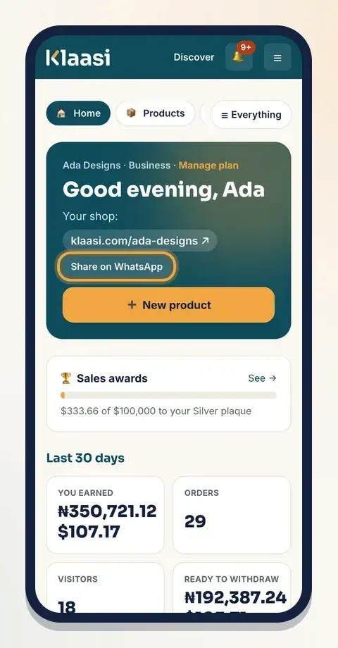 Your dashboard home shows your shop link and a Share on WhatsApp button