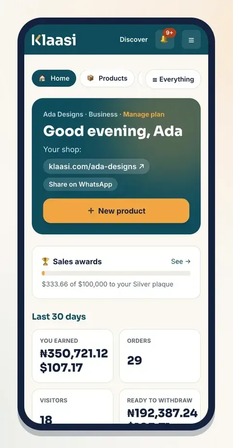 Your dashboard shows your shop link, a Share on WhatsApp button and your real numbers for the last 30 days