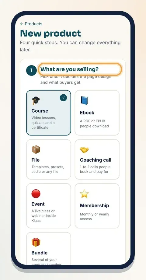 On Klaasi, adding a product starts with one question: what are you selling?