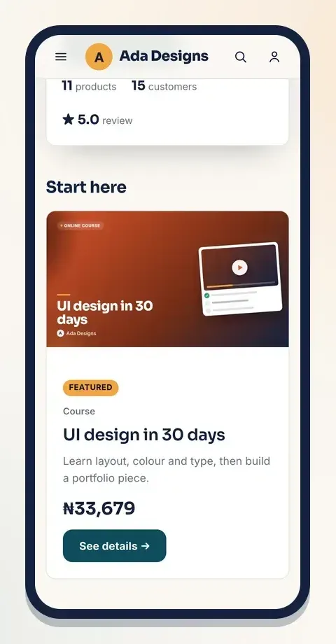 A Klaasi shop on a phone: your name, a short bio, your products and real numbers like customers and reviews