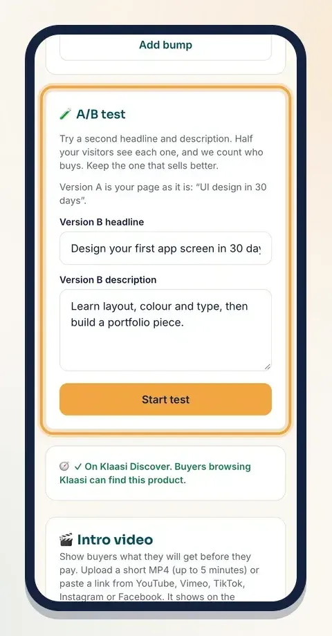 Write a Version B headline and description, then tap Start test