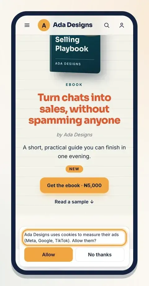 Visitors choose Allow or No thanks before any ad pixel loads