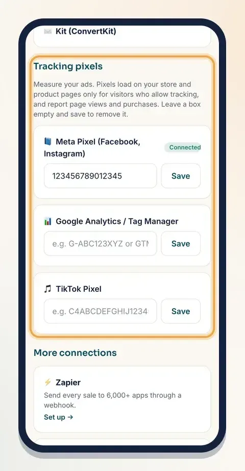 Paste your pixel ID under Tracking pixels and tap Save