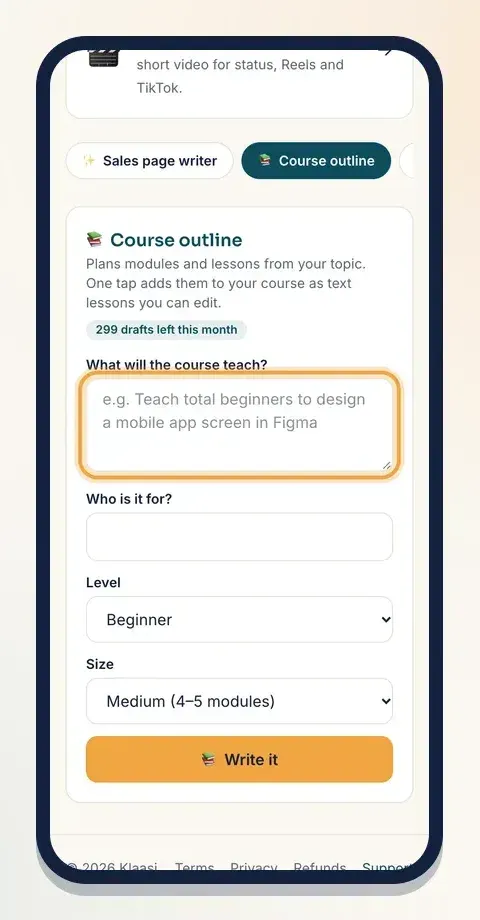 Tell Course outline what the course will teach, then pick the level and size
