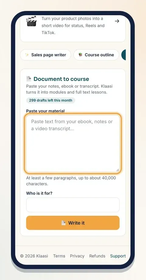 Paste your notes, ebook or transcript into Document to course