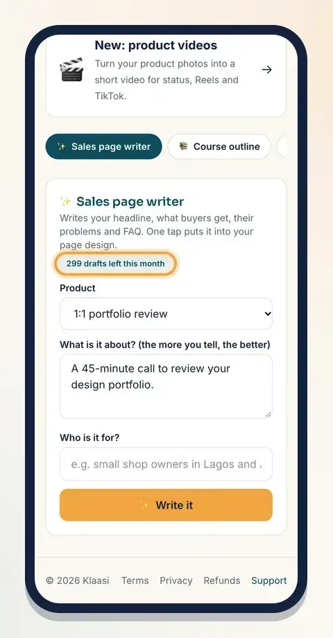The Sales page writer shows how many drafts you have left this month