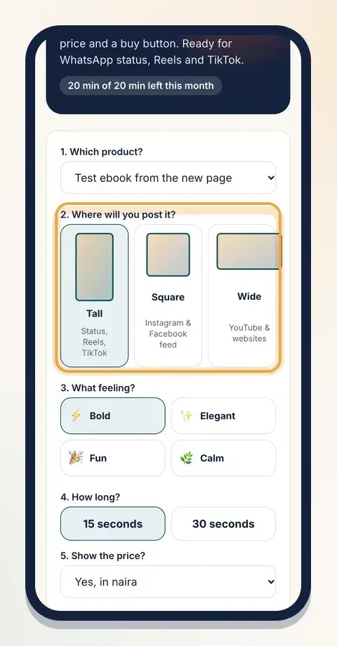 Pick where you'll post the video: Tall, Square or Wide