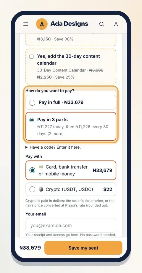 Buyers choose Pay in full or Pay in parts right on your product page