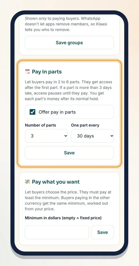 Tick Offer pay in parts, choose how many parts and how often, then Save