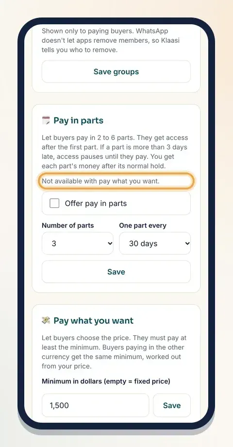 A product with pay what you want shows "Not available with pay what you want." in the Pay in parts box