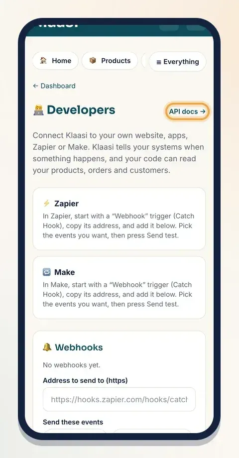 Developers is in More tools; the API docs link opens the full reference