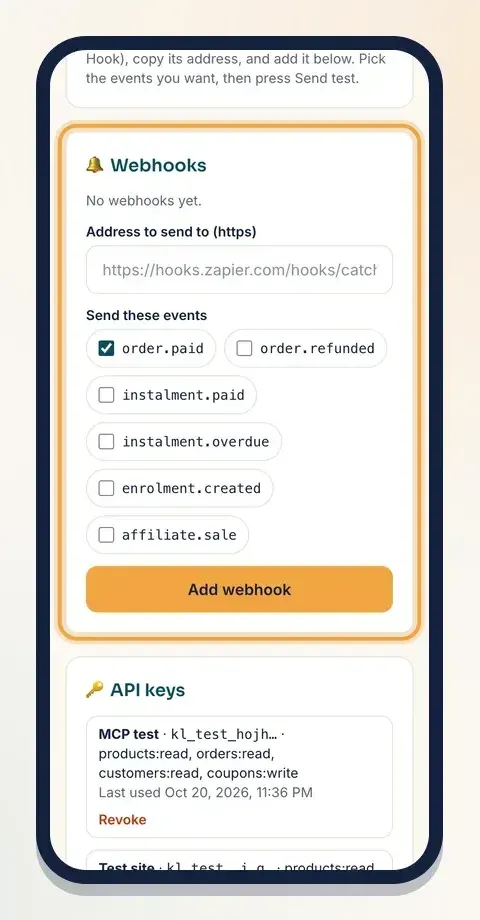 Paste your https address, tick the events you want and tap Add webhook