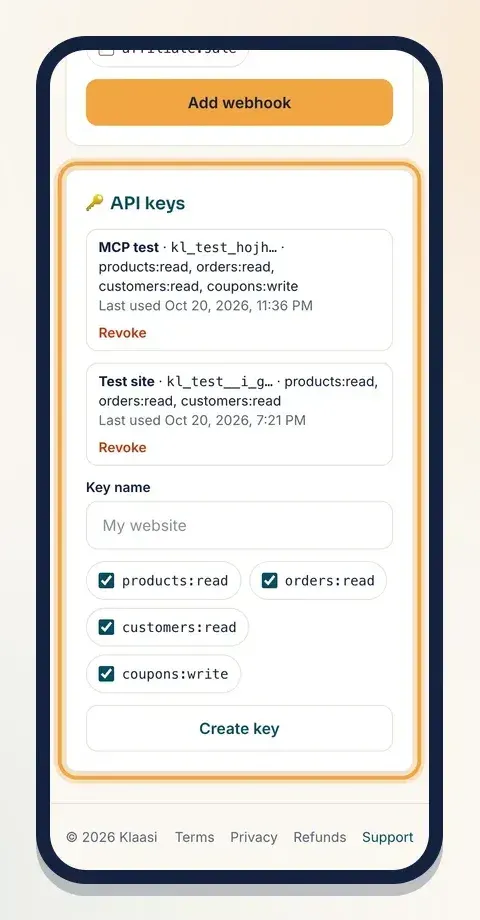 Name the key, untick permissions it doesn't need, then tap Create key