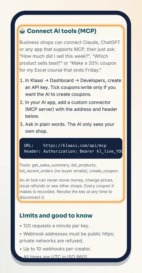 On Business, AI tools connect with your key and only see your own shop