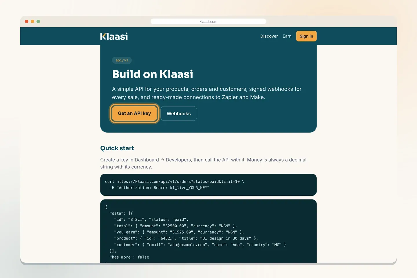 The Build on Klaasi page has a quick start and a button to get an API key