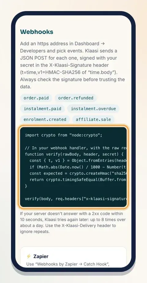 The webhook section of the docs shows the events and a signature check you can copy
