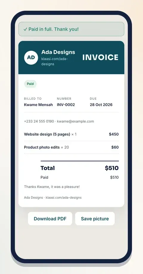 A paid invoice works as a receipt: it says Paid in full, lists the items and shows the amount paid