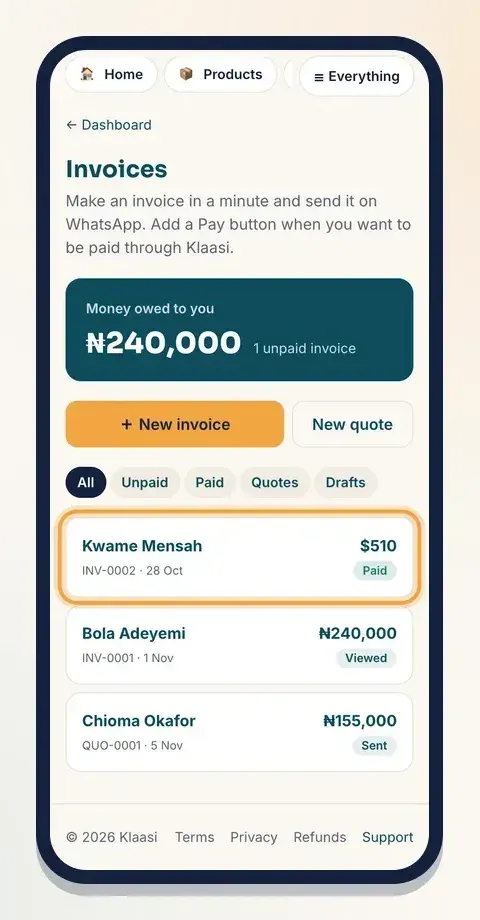 Your invoices list shows each invoice's status, with Money owed to you at the top